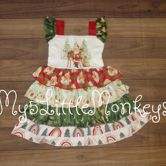 NEW Boutique Christmas Santa Girls Tiered Ruffle Twirl Dress - Picture 1 of 4